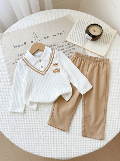 Vintaside Kids Babyboy Infant Boys Autumn 2 Pieces Set, Faux Layered Lapel Long Sleeve Top With Cute Bear Patch, Paired With Simple Versatile Casual Long Pants, Suitable For Daily Wear, Kinderga
