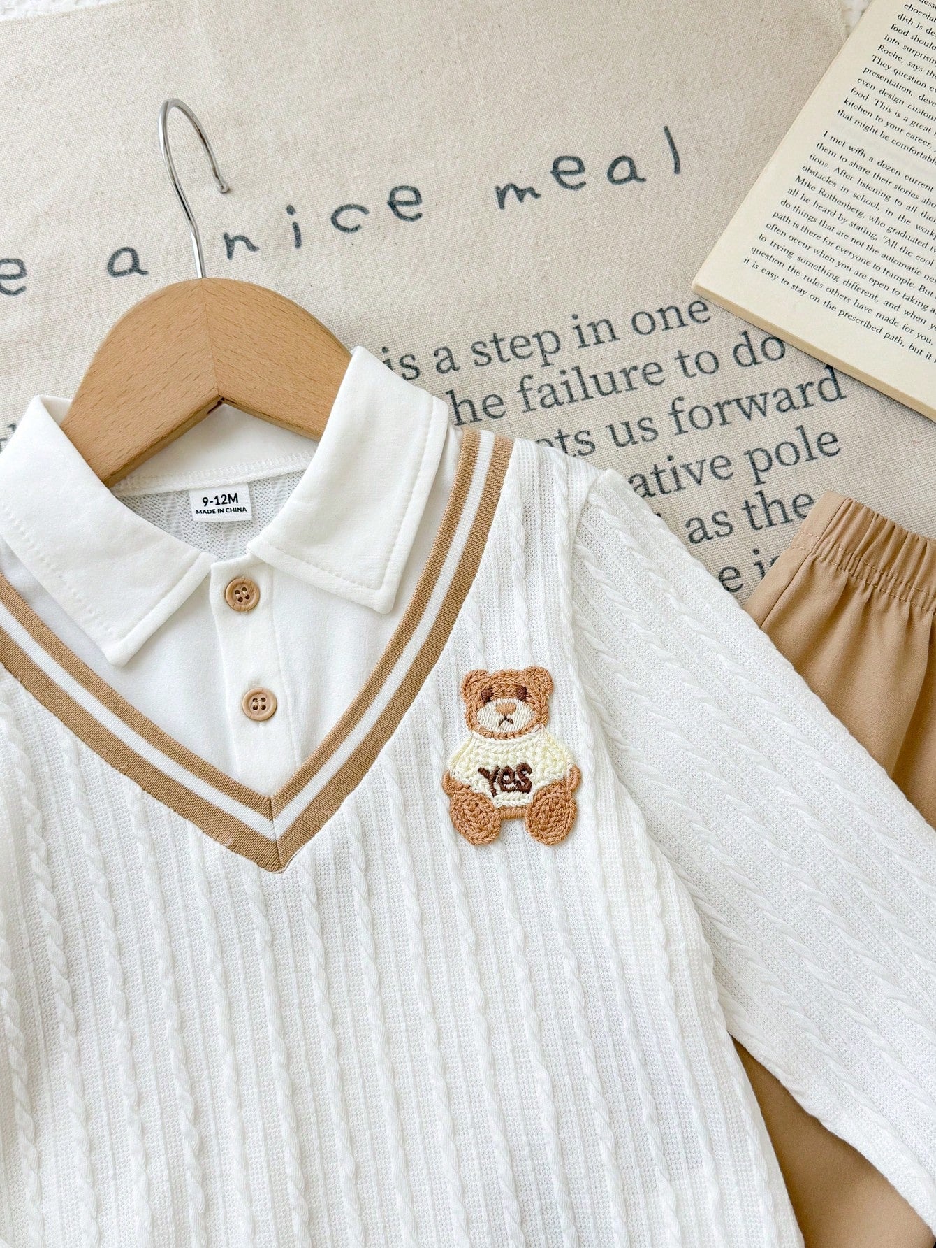 Vintaside Kids Babyboy Infant Boys Autumn 2 Pieces Set, Faux Layered Lapel Long Sleeve Top With Cute Bear Patch, Paired With Simple Versatile Casual Long Pants, Suitable For Daily Wear, Kinderga
