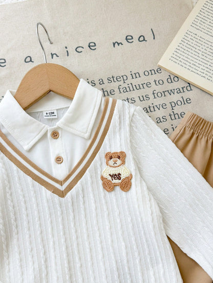 Vintaside Kids Babyboy Infant Boys Autumn 2 Pieces Set, Faux Layered Lapel Long Sleeve Top With Cute Bear Patch, Paired With Simple Versatile Casual Long Pants, Suitable For Daily Wear, Kinderga