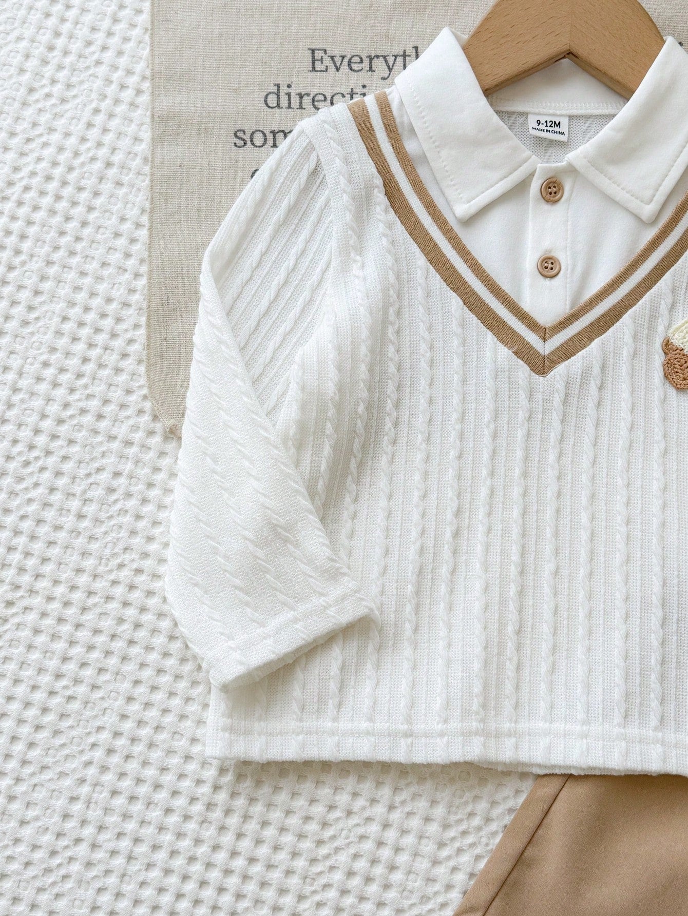 Vintaside Kids Babyboy Infant Boys Autumn 2 Pieces Set, Faux Layered Lapel Long Sleeve Top With Cute Bear Patch, Paired With Simple Versatile Casual Long Pants, Suitable For Daily Wear, Kinderga