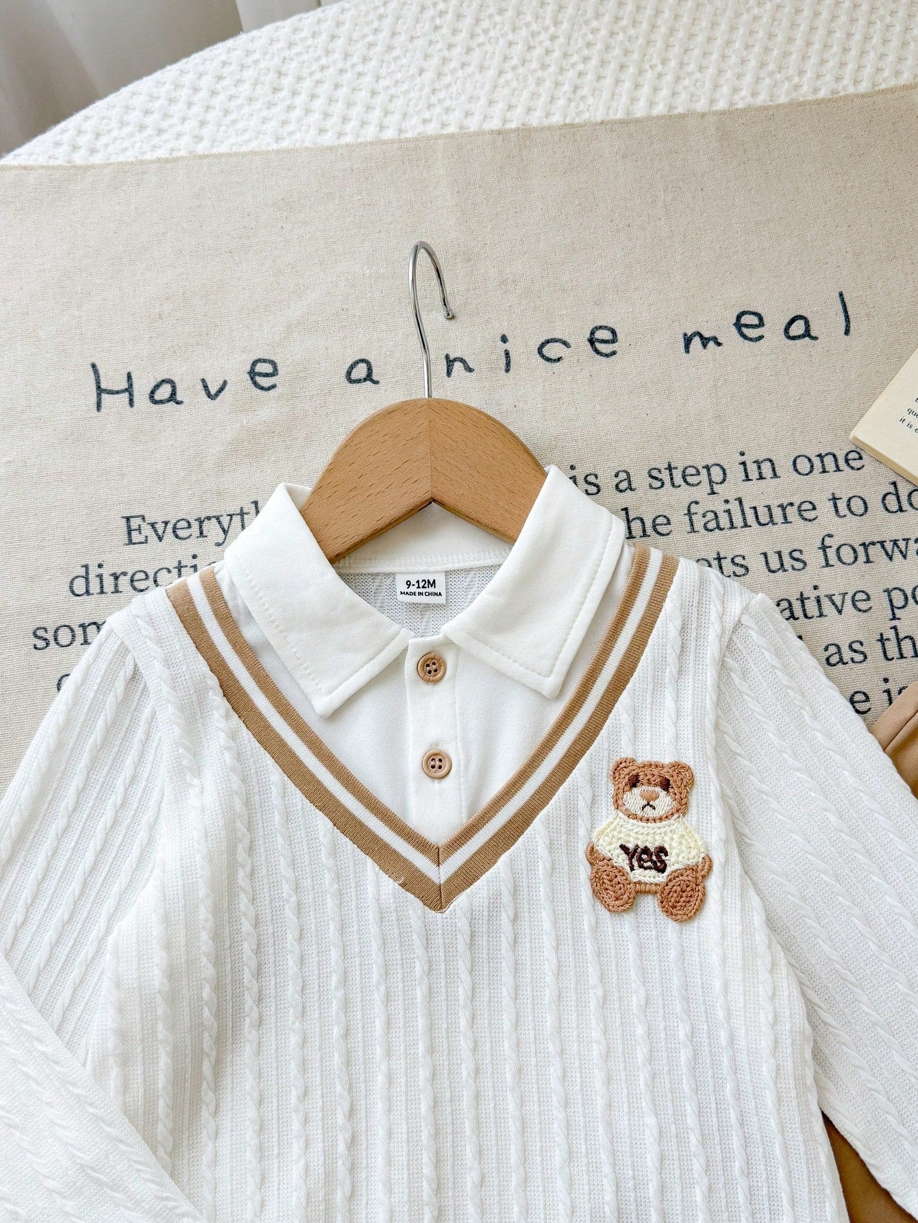 Vintaside Kids Babyboy Infant Boys Autumn 2 Pieces Set, Faux Layered Lapel Long Sleeve Top With Cute Bear Patch, Paired With Simple Versatile Casual Long Pants, Suitable For Daily Wear, Kinderga