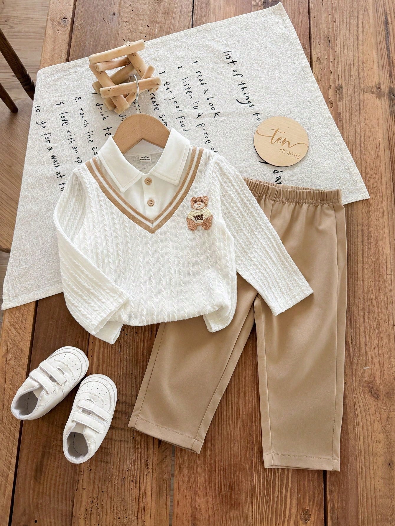 Vintaside Kids Babyboy Infant Boys Autumn 2 Pieces Set, Faux Layered Lapel Long Sleeve Top With Cute Bear Patch, Paired With Simple Versatile Casual Long Pants, Suitable For Daily Wear, Kinderga