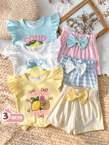 Vintaside Kids Babygirl Summer Knit Loose Fit Multi-Color Cute Sweet Colorful Print Flutter Sleeve Top And Shorts 3-Piece Set, Casual Summer Outfit, Birthday Party Theme, Picnic Essential