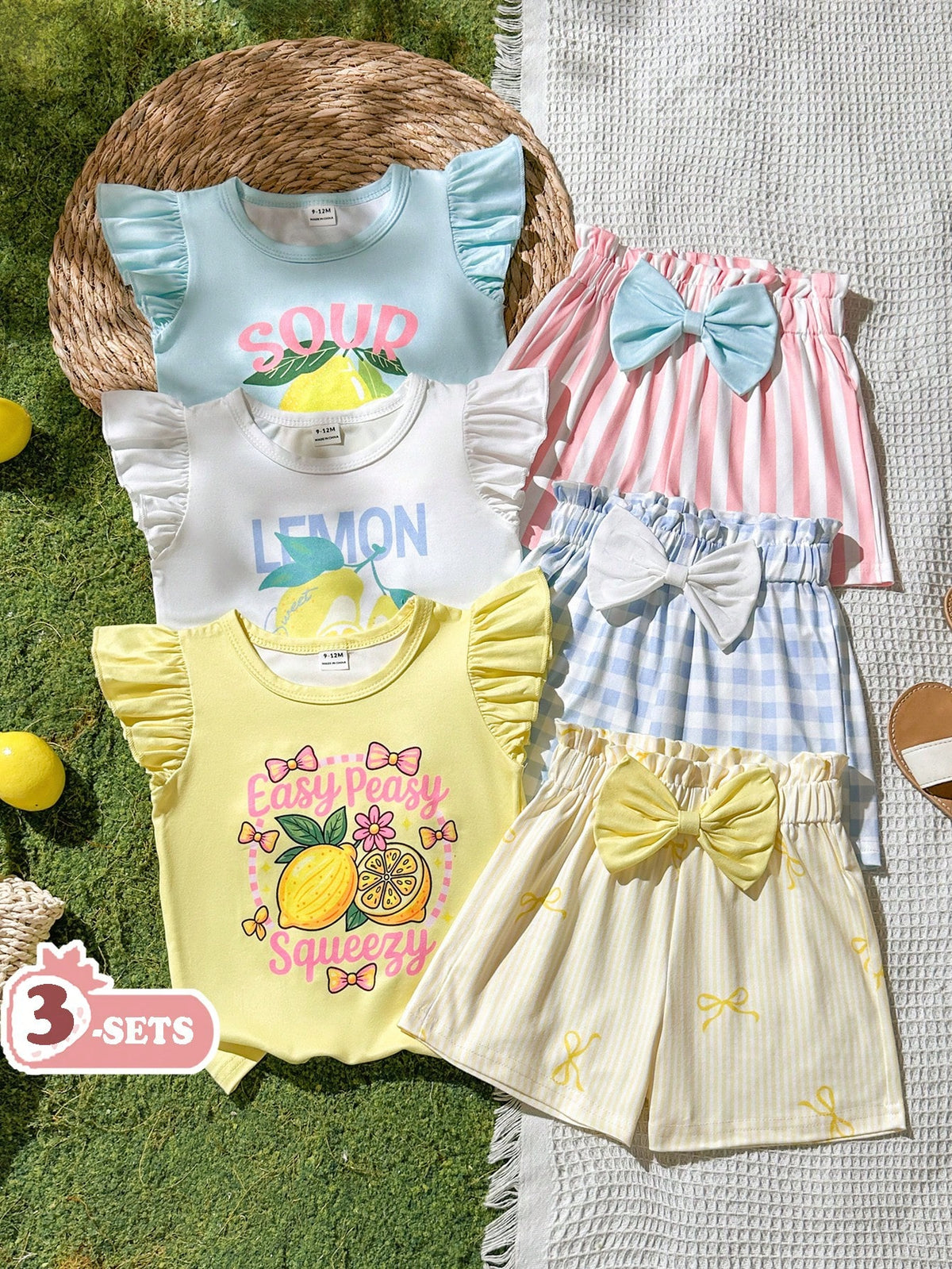 Vintaside Kids Babygirl Summer Knit Loose Fit Multi-Color Cute Sweet Colorful Print Flutter Sleeve Top And Shorts 3-Piece Set, Casual Summer Outfit, Birthday Party Theme, Picnic Essential