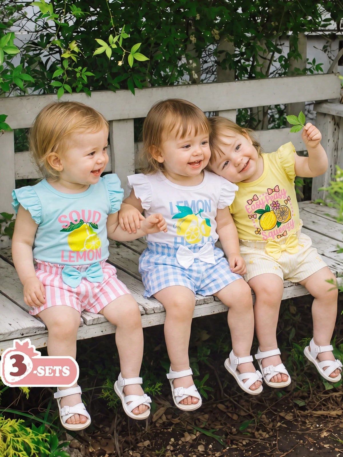 Vintaside Kids Babygirl Summer Knit Loose Fit Multi-Color Cute Sweet Colorful Print Flutter Sleeve Top And Shorts 3-Piece Set, Casual Summer Outfit, Birthday Party Theme, Picnic Essential