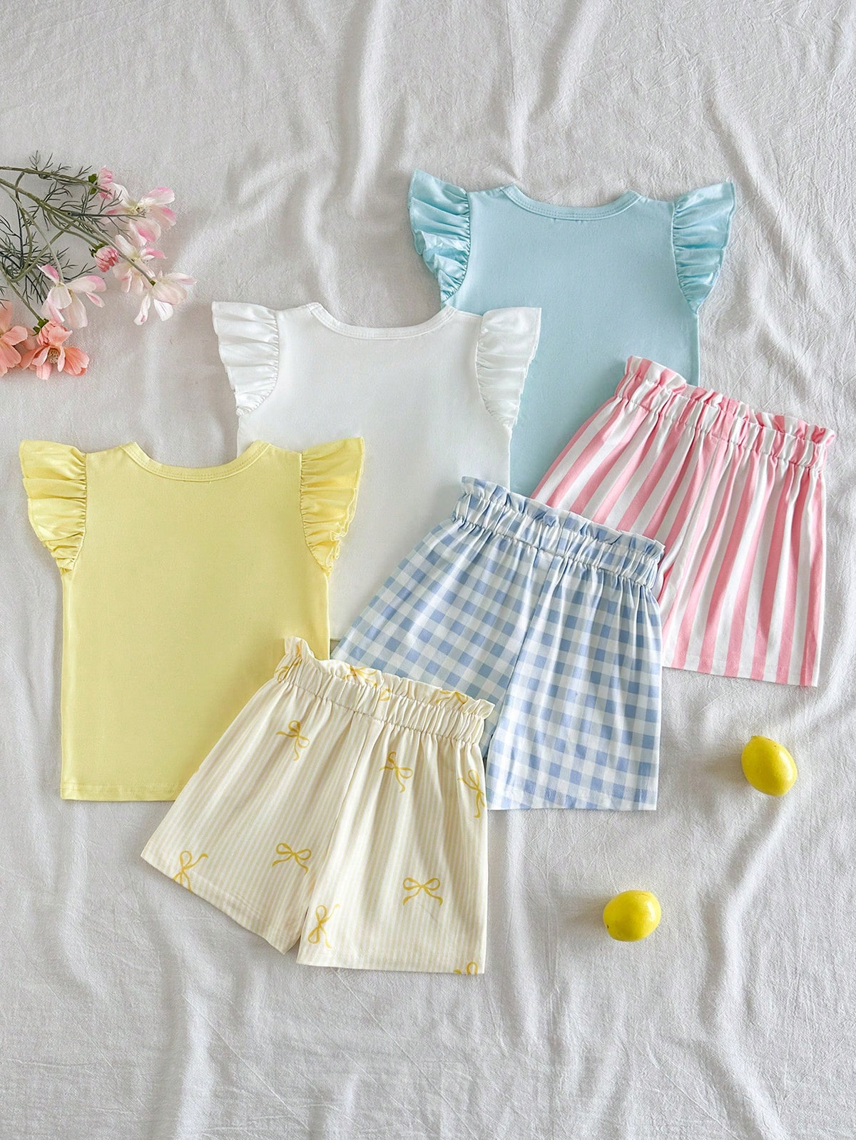 Vintaside Kids Babygirl Summer Knit Loose Fit Multi-Color Cute Sweet Colorful Print Flutter Sleeve Top And Shorts 3-Piece Set, Casual Summer Outfit, Birthday Party Theme, Picnic Essential