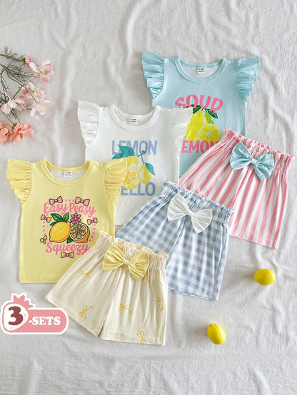 Vintaside Kids Babygirl Summer Knit Loose Fit Multi-Color Cute Sweet Colorful Print Flutter Sleeve Top And Shorts 3-Piece Set, Casual Summer Outfit, Birthday Party Theme, Picnic Essential