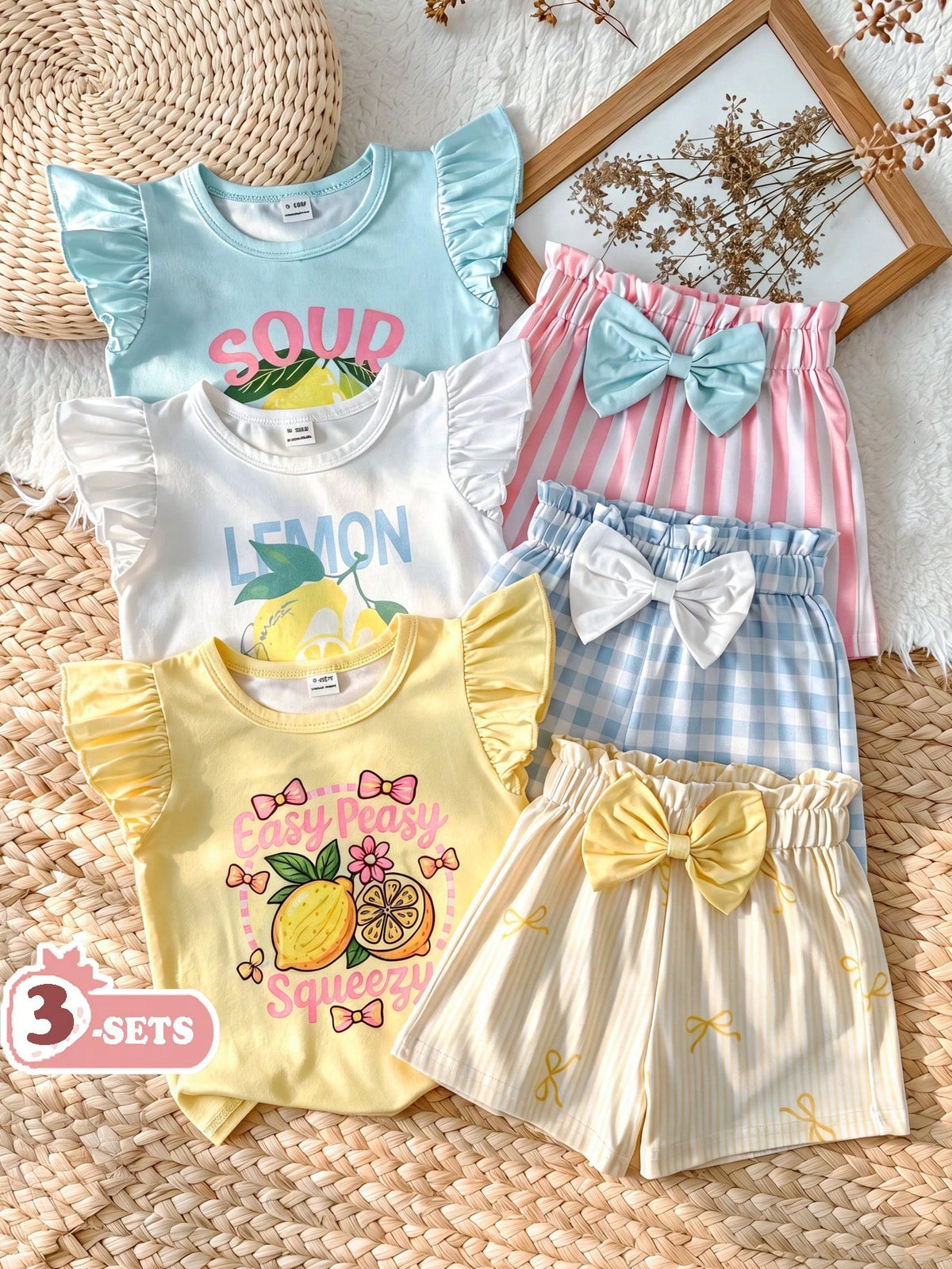 Vintaside Kids Babygirl Summer Knit Loose Fit Multi-Color Cute Sweet Colorful Print Flutter Sleeve Top And Shorts 3-Piece Set, Casual Summer Outfit, Birthday Party Theme, Picnic Essential