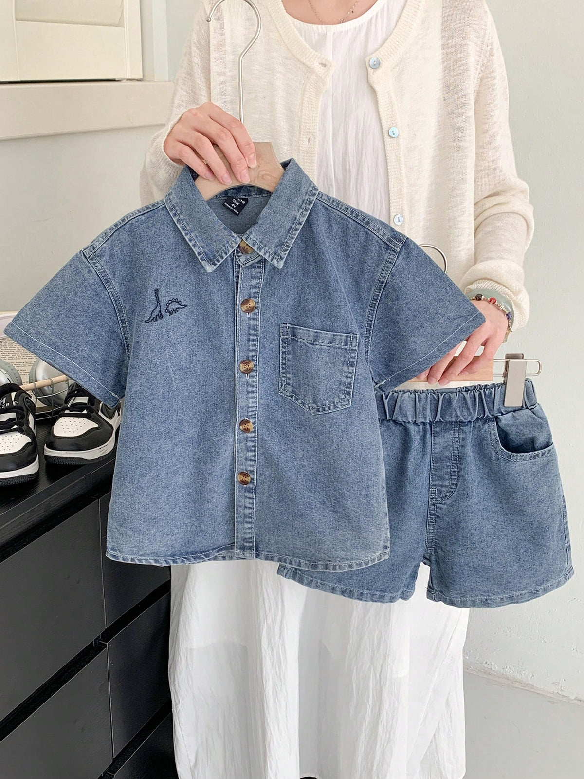 Vintaside Kids Young Boy Dinosaur Embroidered Top And Denim Shorts Set, School, Campus, College Summer Holiday