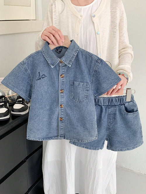 Vintaside Kids Young Boy Dinosaur Embroidered Top And Denim Shorts Set, School, Campus, College Summer Holiday