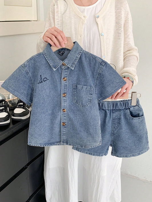 Vintaside Kids Young Boy Dinosaur Embroidered Top And Denim Shorts Set, School, Campus, College Summer Holiday