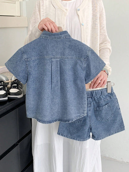 Vintaside Kids Young Boy Dinosaur Embroidered Top And Denim Shorts Set, School, Campus, College Summer Holiday