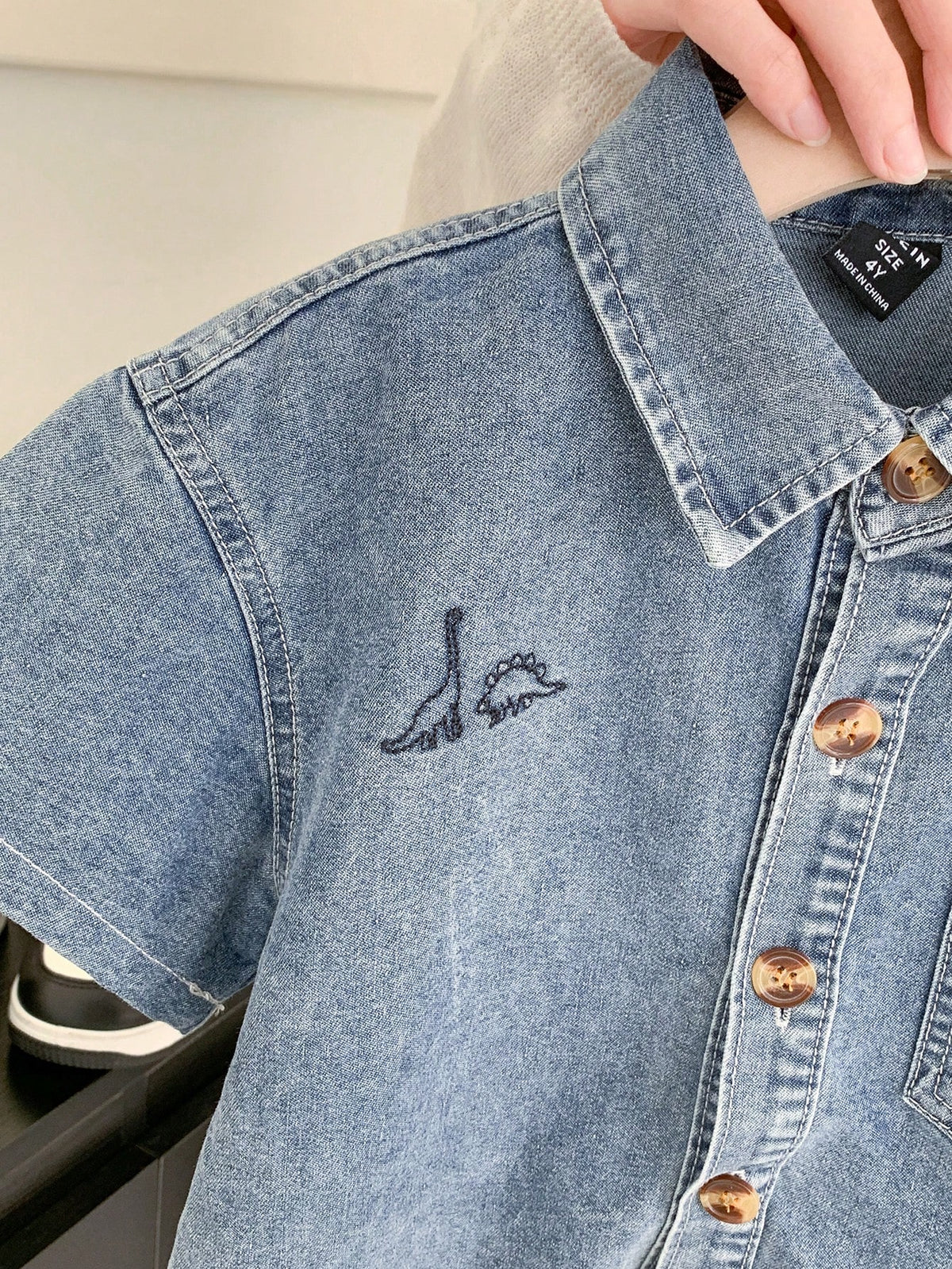 Vintaside Kids Young Boy Dinosaur Embroidered Top And Denim Shorts Set, School, Campus, College Summer Holiday