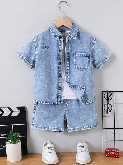 Vintaside Kids Young Boy Dinosaur Embroidered Top And Denim Shorts Set, School, Campus, College Summer Holiday