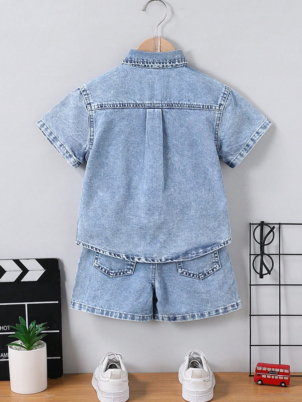Vintaside Kids Young Boy Dinosaur Embroidered Top And Denim Shorts Set, School, Campus, College Summer Holiday
