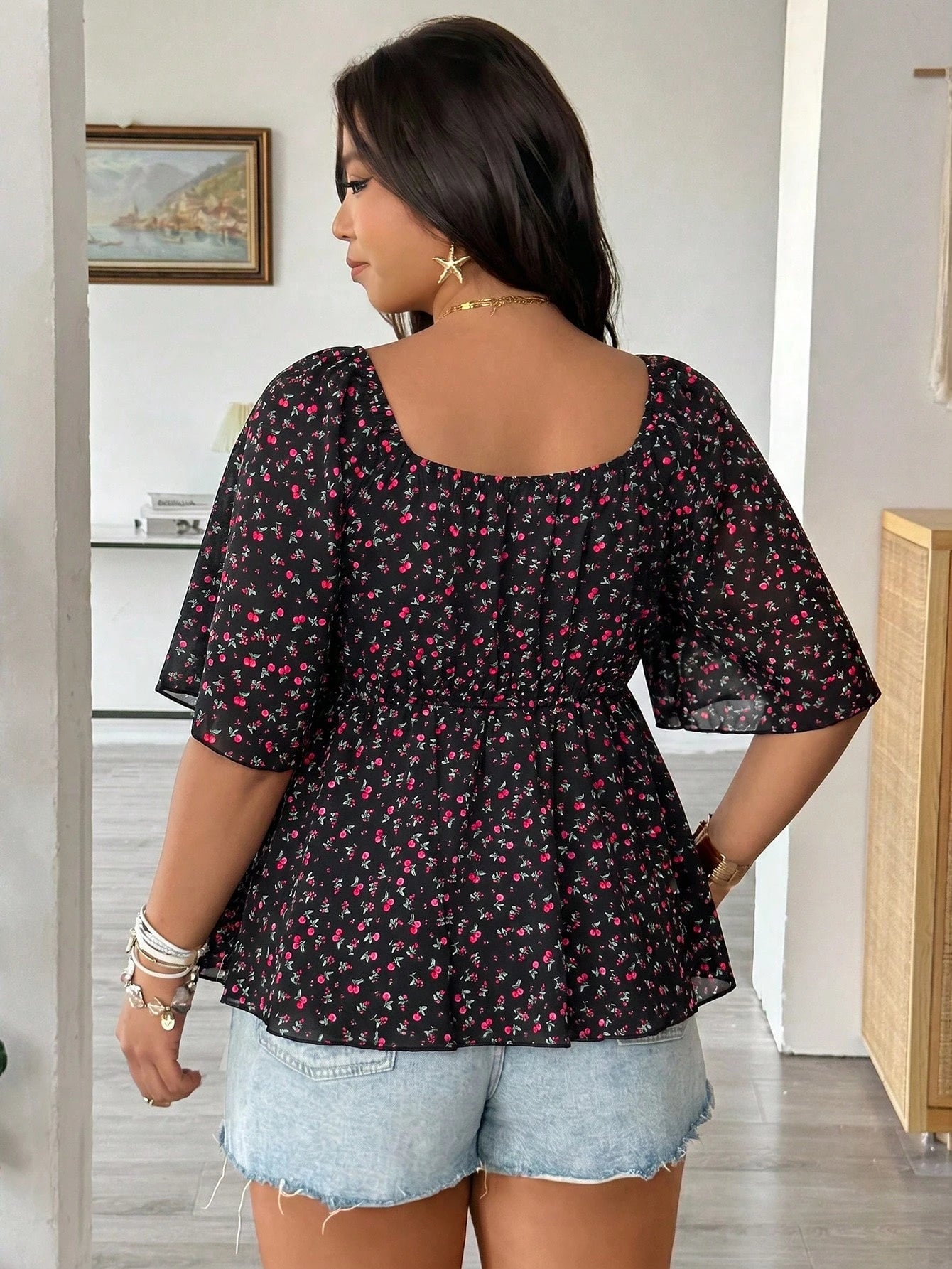 Vionelle Plus Size Spring Summer Casual Versatile Small Ditsy Floral Waist Flared Ruffle Sleeve Elegant Blouse Vacation Black