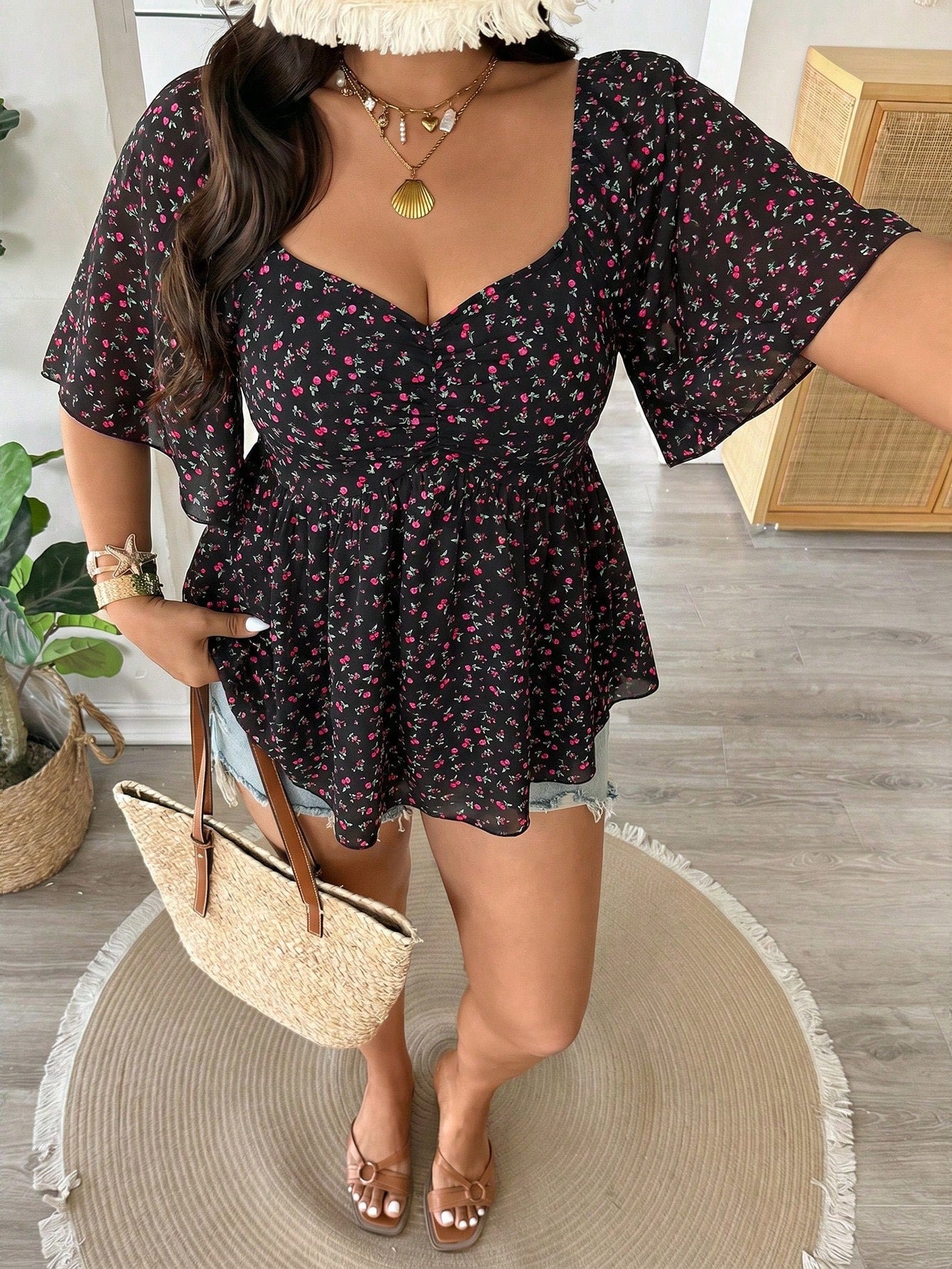 Vionelle Plus Size Spring Summer Casual Versatile Small Ditsy Floral Waist Flared Ruffle Sleeve Elegant Blouse Vacation Black