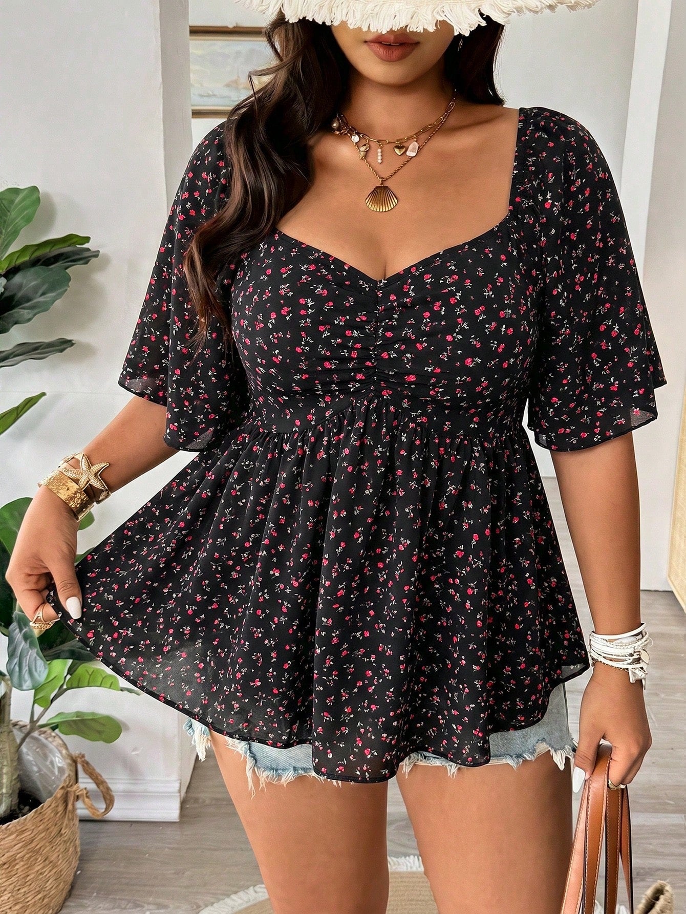 Vionelle Plus Size Spring Summer Casual Versatile Small Ditsy Floral Waist Flared Ruffle Sleeve Elegant Blouse Vacation Black