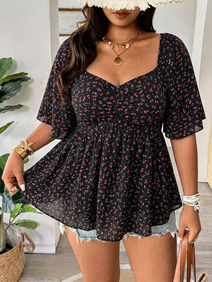 Vionelle Plus Size Spring Summer Casual Versatile Small Ditsy Floral Waist Flared Ruffle Sleeve Elegant Blouse Vacation Black