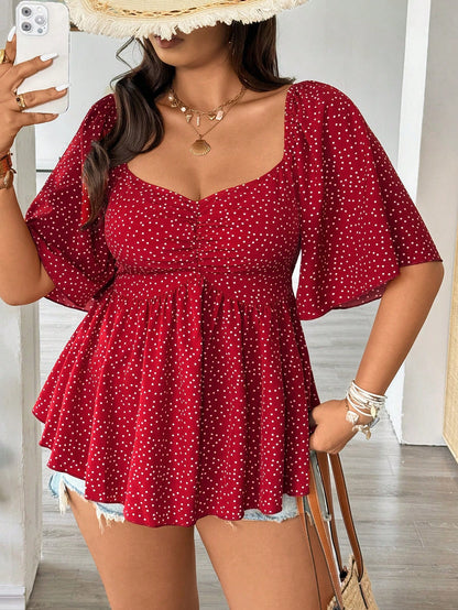 Vionelle Plus Size Spring Summer Casual Versatile Small Ditsy Floral Waist Flared Ruffle Sleeve Elegant Blouse Vacation Black