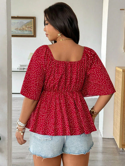 Vionelle Plus Size Spring Summer Casual Versatile Small Ditsy Floral Waist Flared Ruffle Sleeve Elegant Blouse Vacation Black