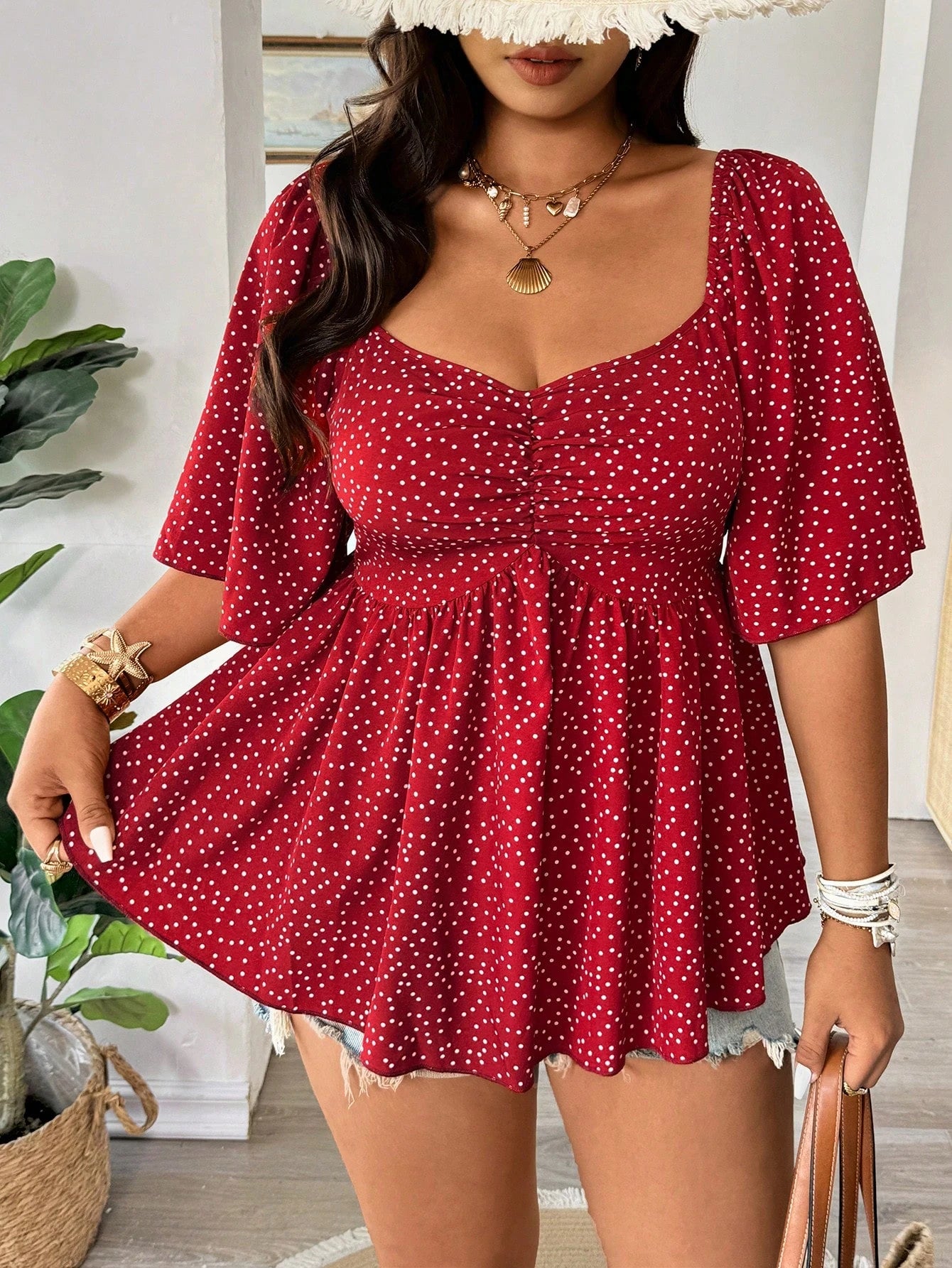 Vionelle Plus Size Spring Summer Casual Versatile Small Ditsy Floral Waist Flared Ruffle Sleeve Elegant Blouse Vacation Black