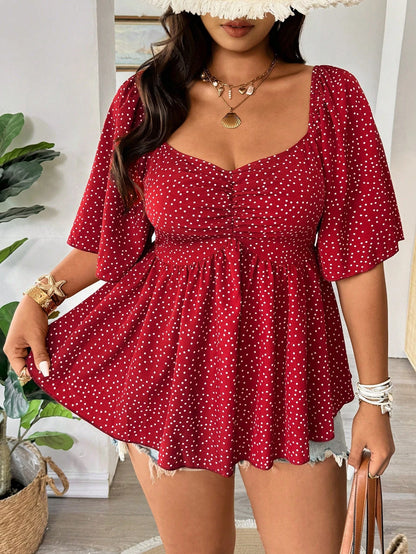 Vionelle Plus Size Spring Summer Casual Versatile Small Ditsy Floral Waist Flared Ruffle Sleeve Elegant Blouse Vacation Black
