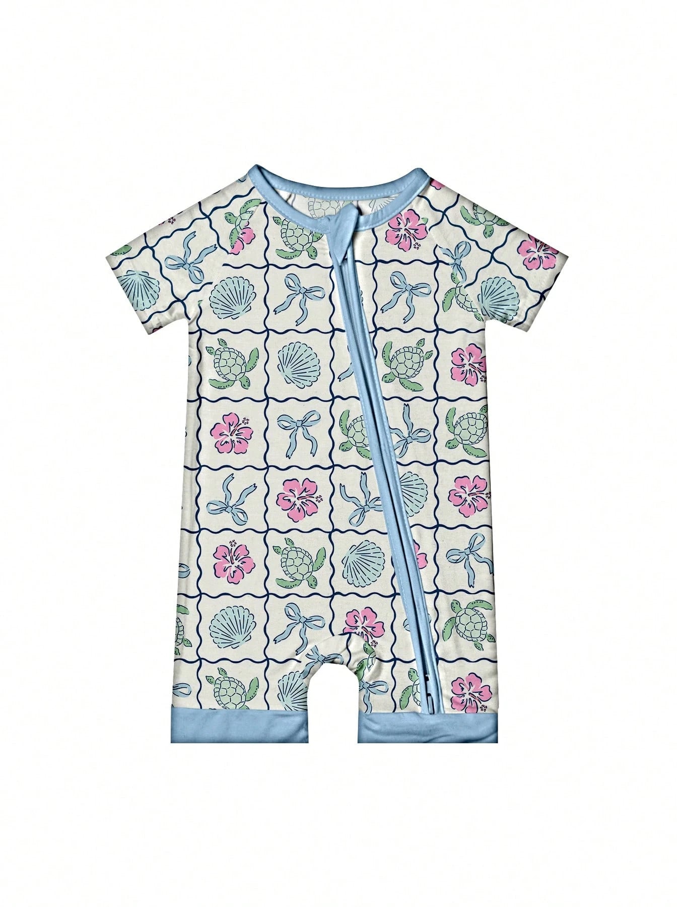 VISIKIDS Baby Bamboo Viscose Sea Turtle & Shell Print Short Sleeve 2-Way Zip Up Romper, Footless One Piece Outfit For Infants 0-24M, Blue White