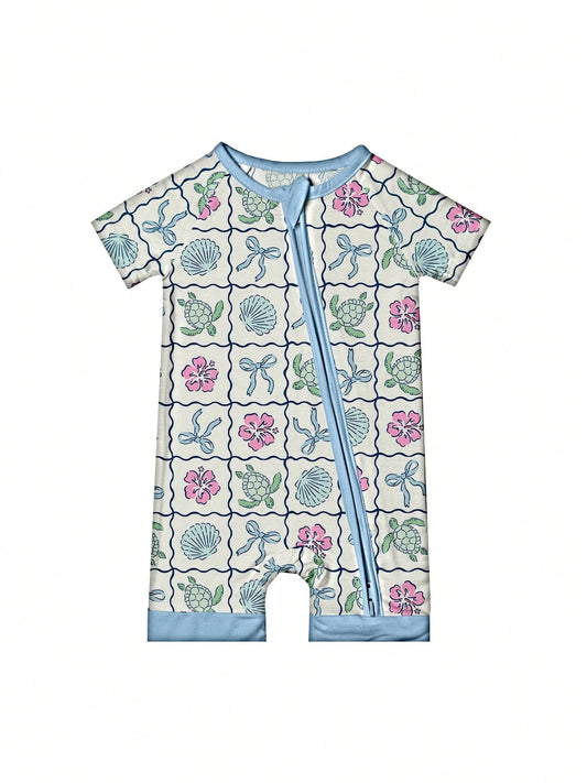 VISIKIDS Baby Bamboo Viscose Sea Turtle & Shell Print Short Sleeve 2-Way Zip Up Romper, Footless One Piece Outfit For Infants 0-24M, Blue White