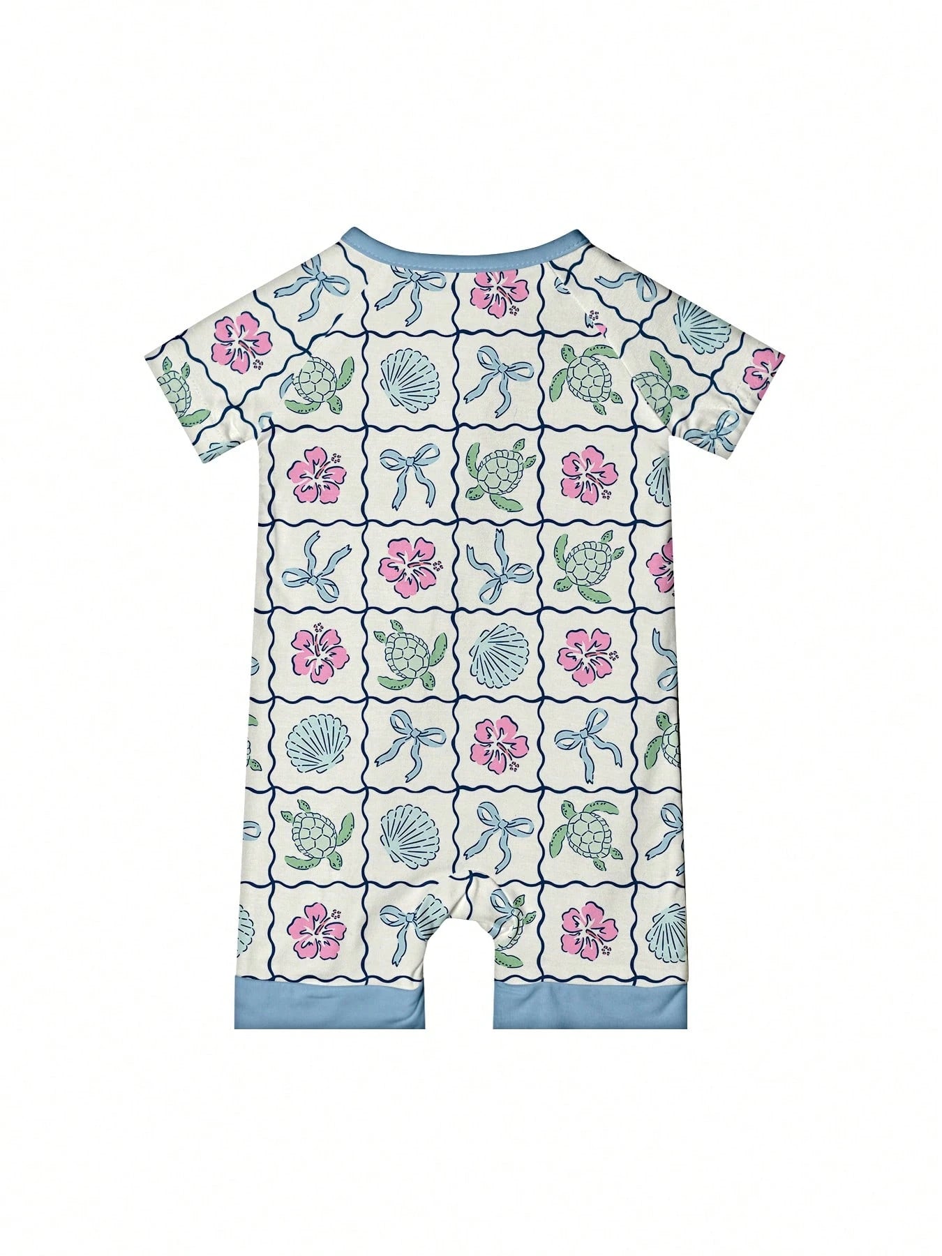 VISIKIDS Baby Bamboo Viscose Sea Turtle & Shell Print Short Sleeve 2-Way Zip Up Romper, Footless One Piece Outfit For Infants 0-24M, Blue White