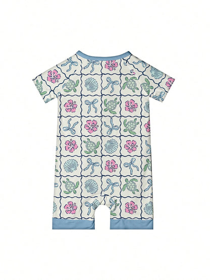 VISIKIDS Baby Bamboo Viscose Sea Turtle & Shell Print Short Sleeve 2-Way Zip Up Romper, Footless One Piece Outfit For Infants 0-24M, Blue White