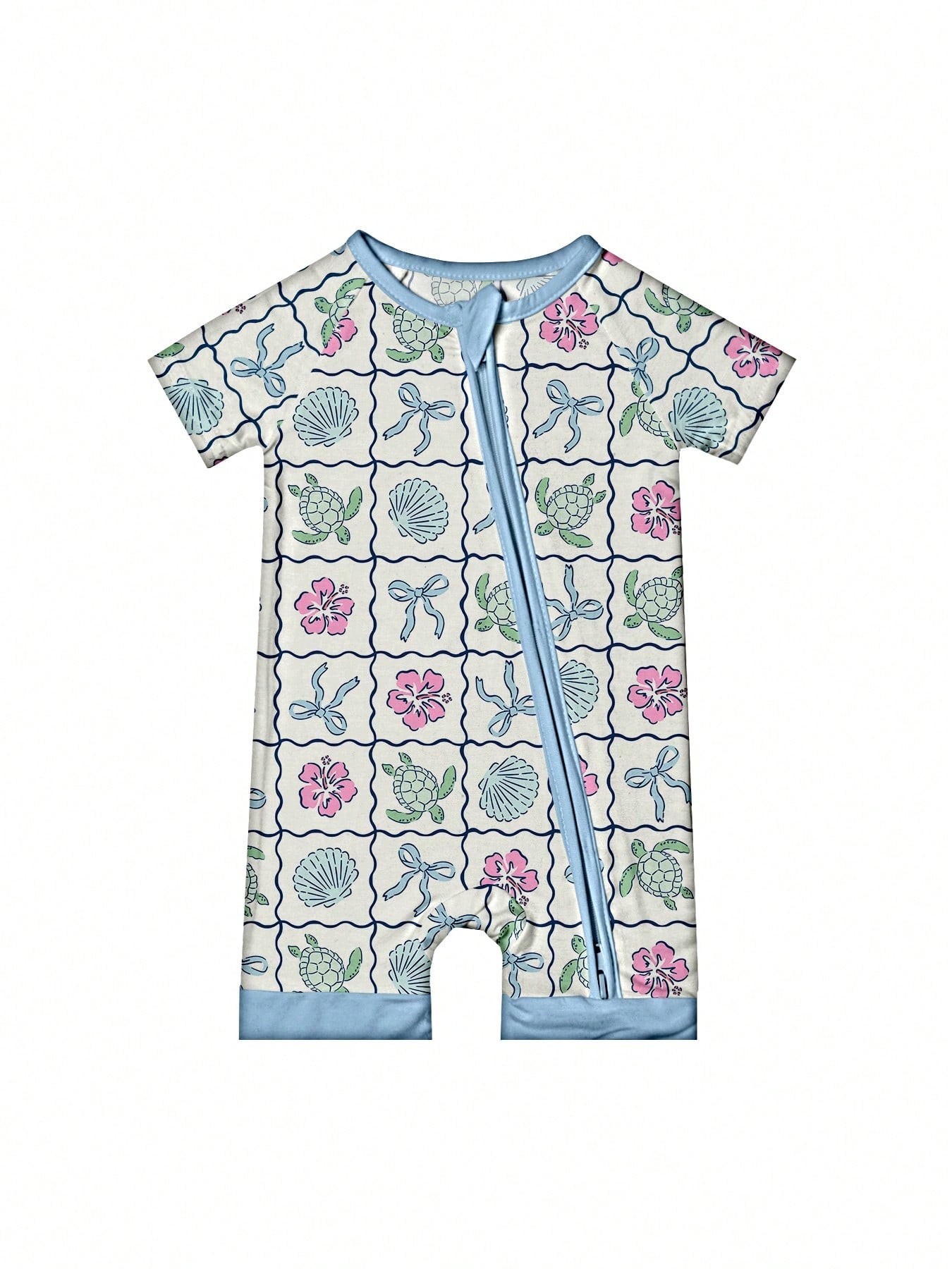 VISIKIDS Baby Bamboo Viscose Sea Turtle & Shell Print Short Sleeve 2-Way Zip Up Romper, Footless One Piece Outfit For Infants 0-24M, Blue White