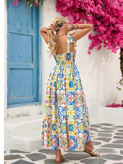 Vivid Eden Woven Printed Sleeveless Ankle Length Summer Dress For Women Summer Clothing, Vacation Style, For Beach Vacation Vacation White Boho Tropical