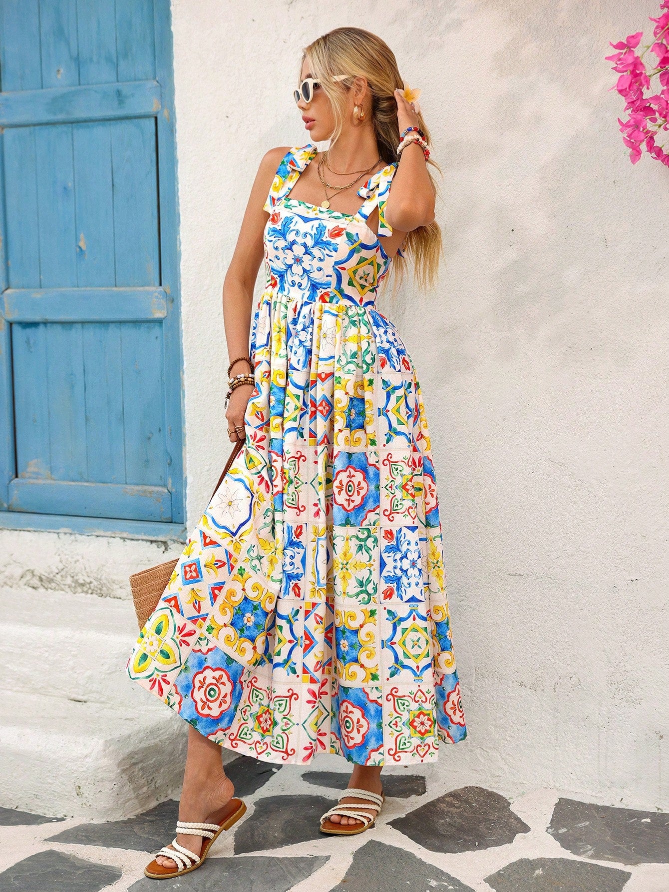 Vivid Eden Woven Printed Sleeveless Ankle Length Summer Dress For Women Summer Clothing, Vacation Style, For Beach Vacation Vacation White Boho Tropical