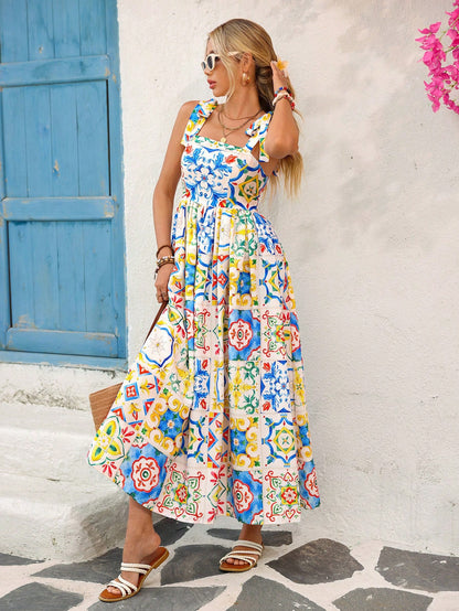 Vivid Eden Woven Printed Sleeveless Ankle Length Summer Dress For Women Summer Clothing, Vacation Style, For Beach Vacation Vacation White Boho Tropical