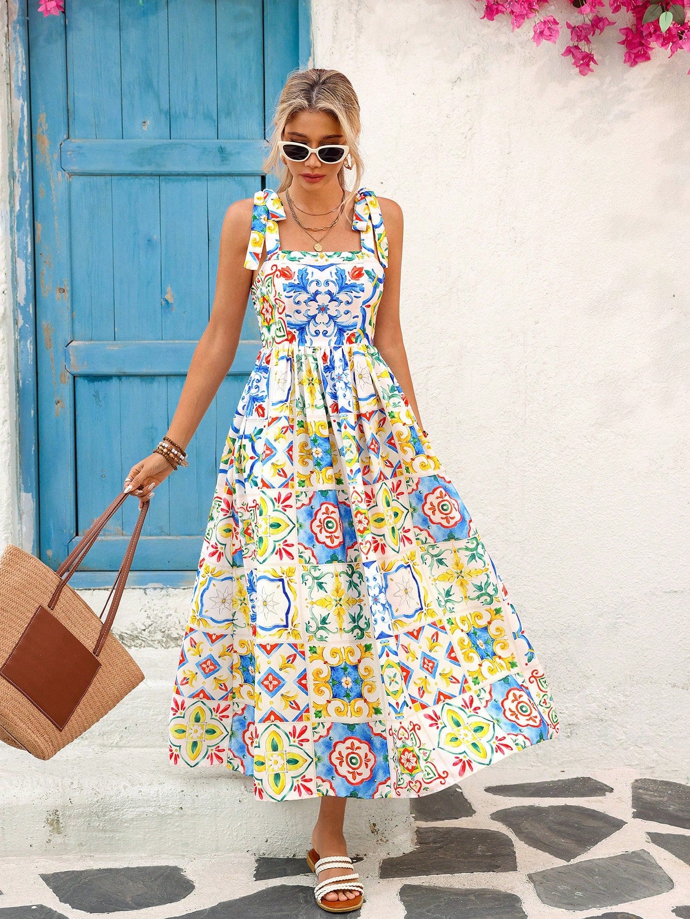 Vivid Eden Woven Printed Sleeveless Ankle Length Summer Dress For Women Summer Clothing, Vacation Style, For Beach Vacation Vacation White Boho Tropical