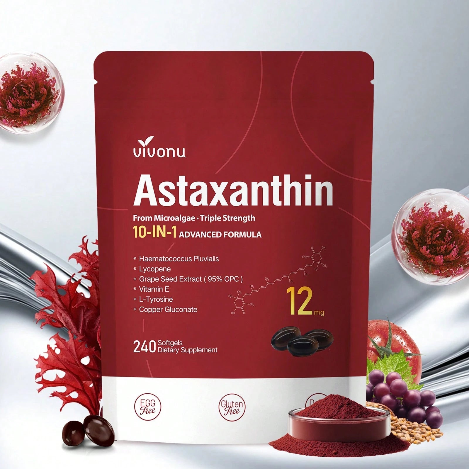 VivoNu Astaxanthin 12mg, 240 Softgel Capsules, Fresh Rain Red Algae, 10 In 1 Astaxanthin Antioxidant Supplement, Containing Lycopene, Grape Seeds, Vitamin E, Etc., Supporting Eye, Joint, And Skin Heal