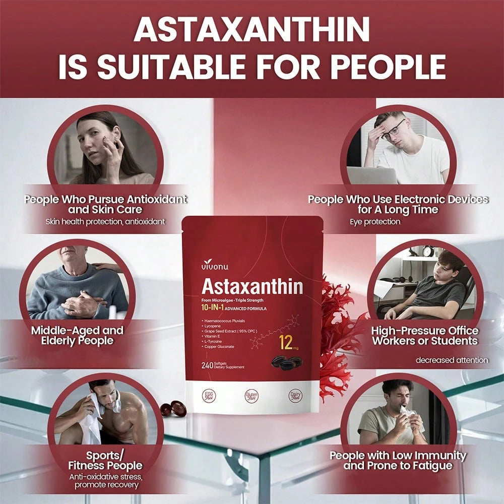 VivoNu Astaxanthin 12mg, 240 Softgel Capsules, Fresh Rain Red Algae, 10 In 1 Astaxanthin Antioxidant Supplement, Containing Lycopene, Grape Seeds, Vitamin E, Etc., Supporting Eye, Joint, And Skin Heal