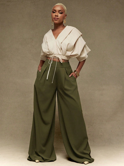 Vixey High-Waist Flowy Wide Leg Pants, Work Pants, Office Wear, Work Trousers, Casual Trousers
