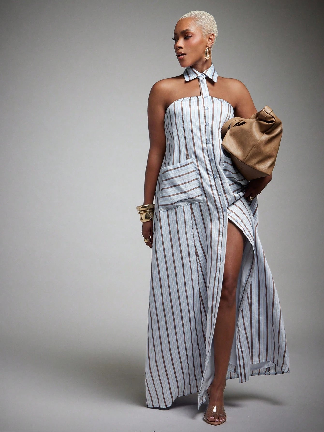 Vixey Woven Striped Pointed Collar Sleeveless Halter Shirt Dress, Summer Office Dress, Casual Vacation Dress, Business Casual, Workwear, Desk To Dinner