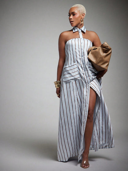 Vixey Woven Striped Pointed Collar Sleeveless Halter Shirt Dress, Summer Office Dress, Casual Vacation Dress, Business Casual, Workwear, Desk To Dinner