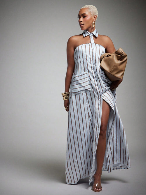 Vixey Woven Striped Pointed Collar Sleeveless Halter Shirt Dress, Summer Office Dress, Casual Vacation Dress, Business Casual, Workwear, Desk To Dinner