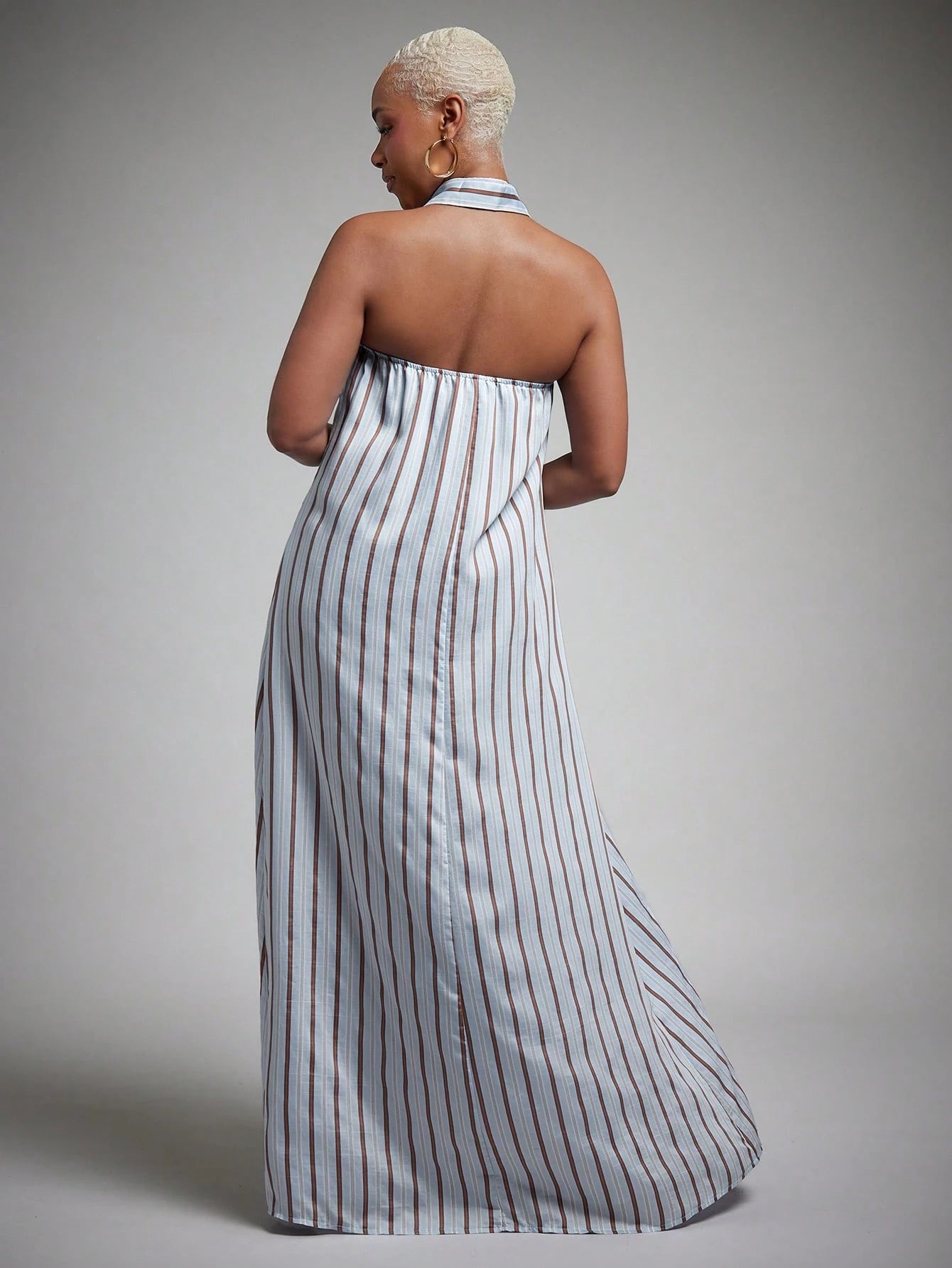 Vixey Woven Striped Pointed Collar Sleeveless Halter Shirt Dress, Summer Office Dress, Casual Vacation Dress, Business Casual, Workwear, Desk To Dinner