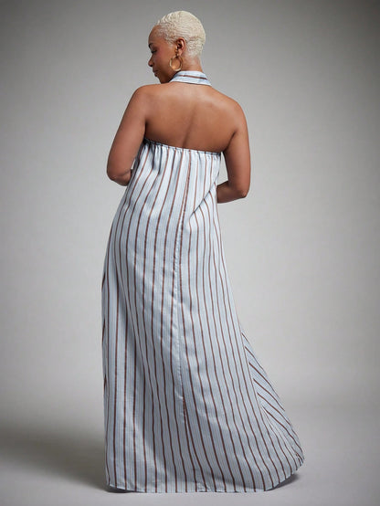 Vixey Woven Striped Pointed Collar Sleeveless Halter Shirt Dress, Summer Office Dress, Casual Vacation Dress, Business Casual, Workwear, Desk To Dinner