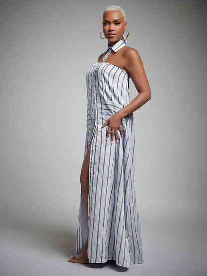 Vixey Woven Striped Pointed Collar Sleeveless Halter Shirt Dress, Summer Office Dress, Casual Vacation Dress, Business Casual, Workwear, Desk To Dinner
