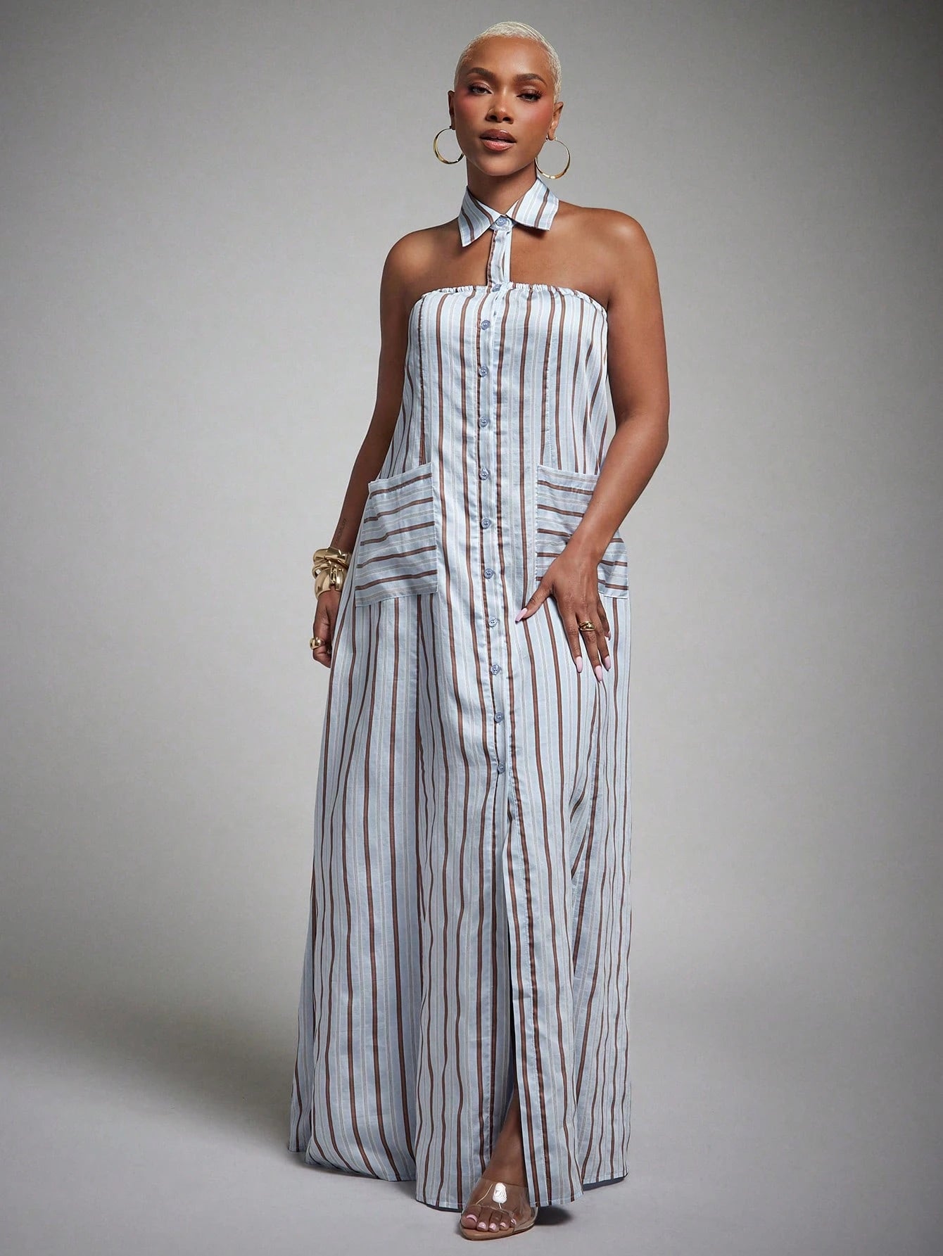 Vixey Woven Striped Pointed Collar Sleeveless Halter Shirt Dress, Summer Office Dress, Casual Vacation Dress, Business Casual, Workwear, Desk To Dinner