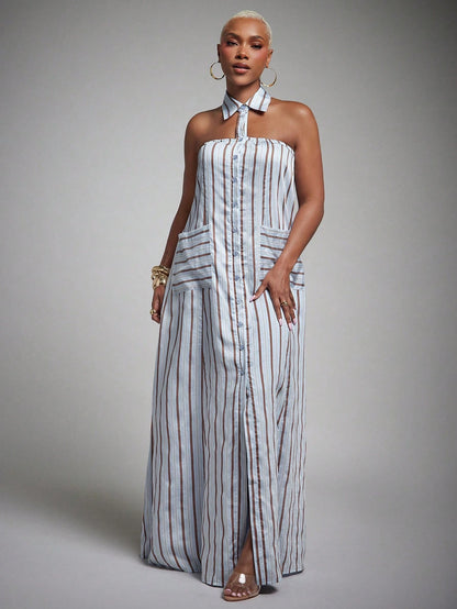 Vixey Woven Striped Pointed Collar Sleeveless Halter Shirt Dress, Summer Office Dress, Casual Vacation Dress, Business Casual, Workwear, Desk To Dinner