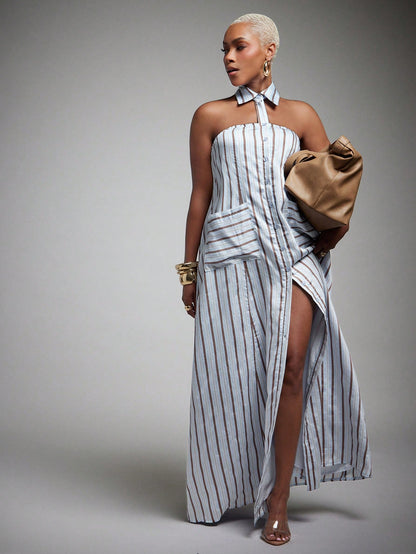 Vixey Woven Striped Pointed Collar Sleeveless Halter Shirt Dress, Summer Office Dress, Casual Vacation Dress, Business Casual, Workwear, Desk To Dinner