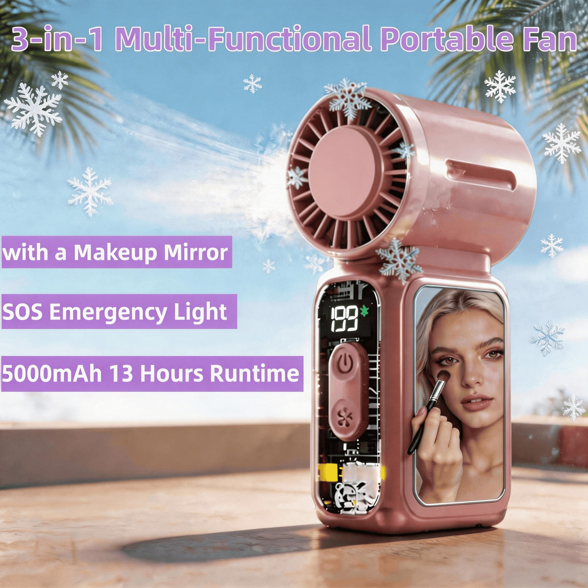 W&O 2026New Portable Fan,3-In-1 Handheld Fan, Neck Fan With A Makeup Mirror,5000mAh Battery 13H Long Lasting, 199 Adjustable Speeds, LED Flashlight & SOS Emergency Light, Type-C Rechargeable Ultra Qui
