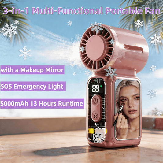 W&O 2026New Portable Fan,3-In-1 Handheld Fan, Neck Fan With A Makeup Mirror,5000mAh Battery 13H Long Lasting, 199 Adjustable Speeds, LED Flashlight & SOS Emergency Light, Type-C Rechargeable Ultra Qui